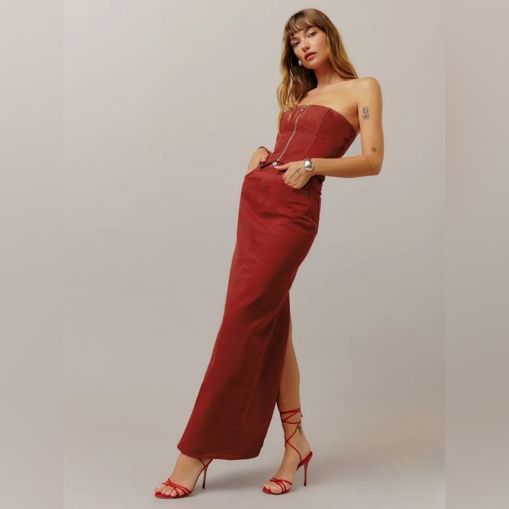 Reformation Jeans Daria Ultra High Rise Denim Maxi Skirt in lipstick Red size 26